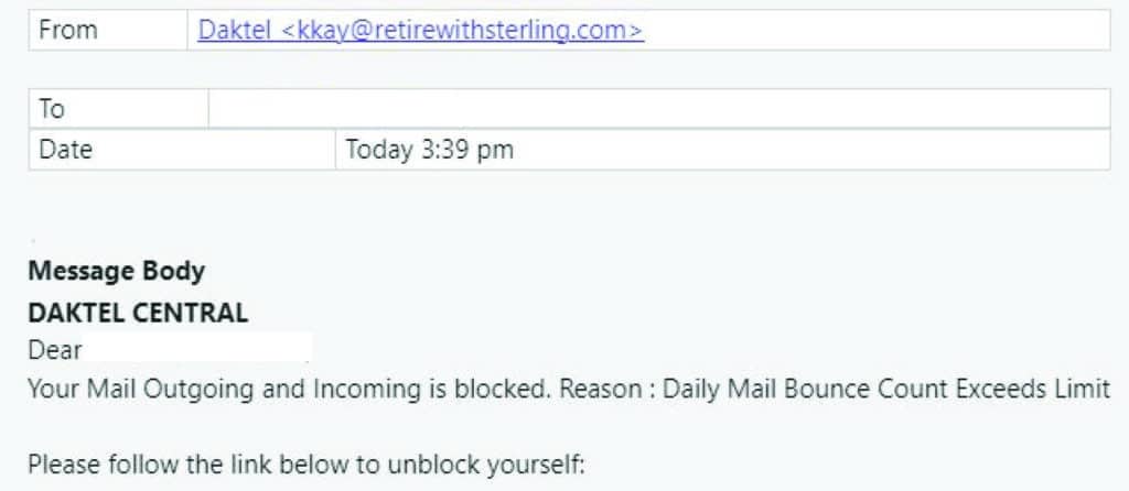 This email claims to be from Dakota Central but features a suspicious sender address and urgent language, typical signs of a phishing attempt.