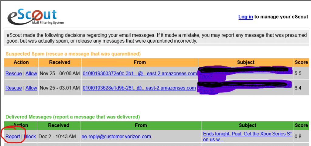 The eScout interface allows users to report suspicious emails easily, helping to block phishing attempts and improve email security for all users.